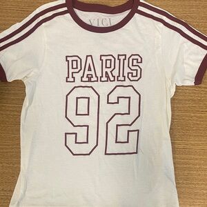 VICI White Tee with Maroon Ringer Trim & Paris 92 Graphic